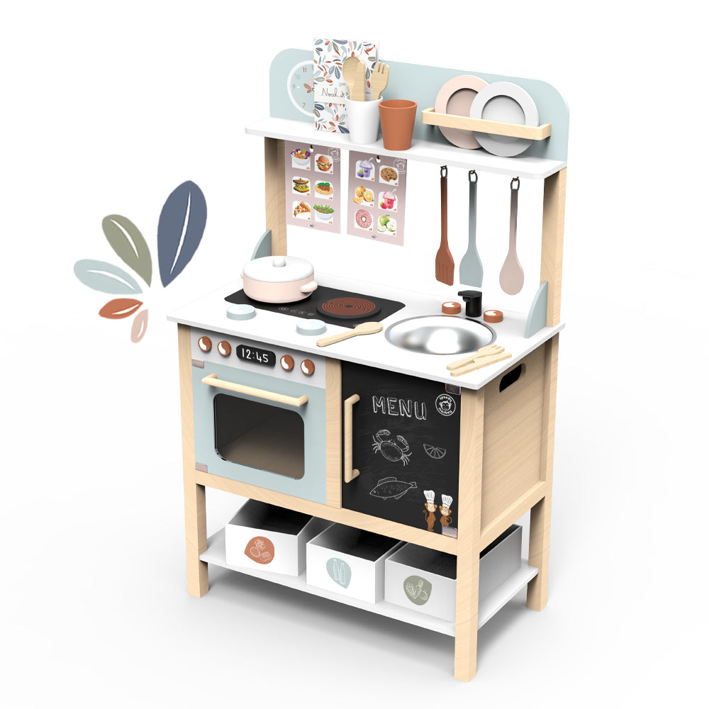 <h5>Description</h5>
<p>Because role-playing has always been little one&#39;s favorite game, this adorable wooden toy kitchen set is close to the life scene.<br> Children become little Chefs and pretend to cook food like adults, using their imaganation, developing hands-on ability but also social skills.  </p>
<p>It comes with 20 colorful accessories, such as stovetop, oven, sink, alarm clock, cups, saucer, plates, menus, just to name a few.
Enjoy endless interactive moments and Bon Appetit!<br>This toy is crafted from sustainably sourced wood from FSC® certified forests. Presented in a beautiful gift box.  </p>
<h5>Specifications</h5>
<p> <strong>Color</strong>: multicolor<br><strong>Recommended Age</strong>: 3+<br><strong>Material</strong>: wood<br><strong>Size (inches)</strong>: L: 22 x W: 11 x H: 35<br><strong>Weight (lbs)</strong>: 18,15<br><strong>Care instructions</strong>: Please wash the accessories thoroughtly before use. 
Clean only with a damp cloth. Do not use detergents.</p>
