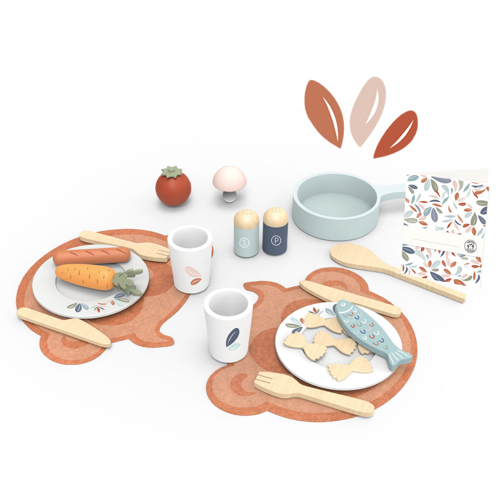 <h5>Description</h5>
<p>Cute 19 piece wooden dining set for two that your little one will adore.<br>Pasta, fish, sausage, vegetables, salt &amp; pepper, plates, pans etc. are made of wood.<br>They are the perfect size for little hands to grasp. After cooking in the kitchen, enjoy the meal your little Chef has prepared for you.
Role play that encourages imagination toddlers to play pretend and create their favorite meals.<br>This toy is crafted from sustainably sourced wood from FSC® certified forests. Presented in a beautiful gift box.  </p>
<h5>Specifications</h5>
<p> <strong>Color</strong>: multicolor<br><strong>Recommended Age</strong>: 2+<br><strong>Material</strong>: wood<br><strong>Size (inches)</strong>: L: 10 x W: 8 x H: 0<br><strong>Weight (lbs)</strong>: 1,61<br><strong>Care instructions</strong>: Clean only with a damp cloth. Do not use detergents.</p>
