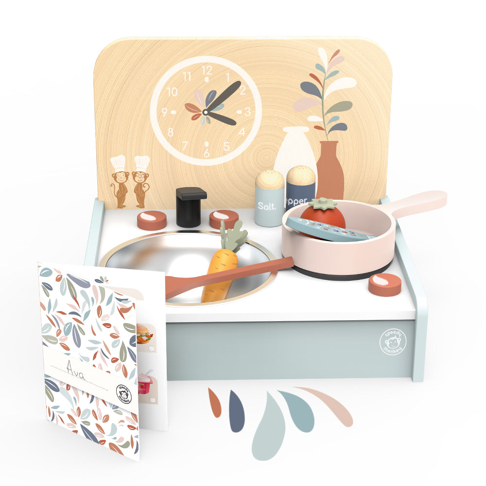 <h5>Description</h5>
<p>A fun wooden table size version of a kitchen that your little one can take with him anywhere.<br> All set to prepare, cook, serve and enjoy meals with its 8 accessories: spatula, pan, food...<br>Your talented little Chef can create an entire meal with the stovetop and wash the dishes once done.<br>This toy is crafted from sustainably sourced wood from FSC® certified forests. Presented in a beautiful gift box.  </p>
<h5>Specifications</h5>
<p> <strong>Color</strong>: multicolor<br><strong>Recommended Age</strong>: 3+<br><strong>Material</strong>: wood<br><strong>Size (inches)</strong>: L: 12 x W: 10 x H: 9<br><strong>Weight (lbs)</strong>: 4,29<br><strong>Care instructions</strong>: Please wash the accessories thoroughtly before use. 
Clean only with a damp cloth. Do not use detergents.</p>
