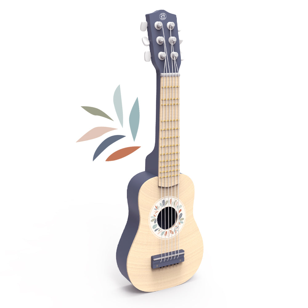 <h5>Description</h5>
<p>Because music ignites all areas of child development, this sturdy nylon six string toy guitar is a must have for your little one!<br>A nice blue and wooden color with surface coating designed to prevent finger injuries.<br>Easy to carry around, your child will enjoy the sound and actively stimulate his apprenticeship.<br>This wooden toy guitar will encourage the development of their musical aptitude.<br>This toy is crafted from sustainably sourced wood from FSC® certified forests. Presented in a beautiful gift box.  </p>
<h5>Specifications</h5>
<p> <strong>Color</strong>: multicolor<br><strong>Recommended Age</strong>: 3+<br><strong>Material</strong>: wood<br><strong>Size (inches)</strong>: L: 21 x W: 2 x H: 2<br><strong>Weight (lbs)</strong>: 1,43<br><strong>Care instructions</strong>: Clean only with a damp cloth. Do not use detergents.</p>
