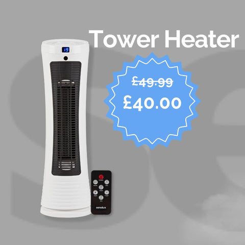 Senelux Tower Heater with a 20% off tag in the same image