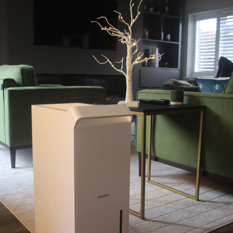A Senelux 25 litre per day dehumidifier set against a Christmas home background