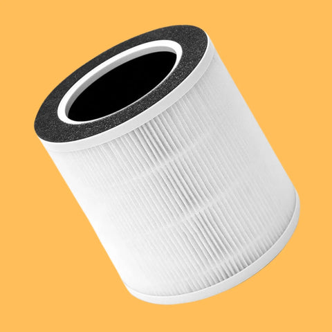 A photo of a Senelux Air Purifier HEPA filter slightly cocked with an all white design against an orange background