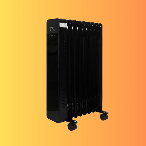 A Senelux all black Oil Filled Radiator with an orange, warm background and wheels