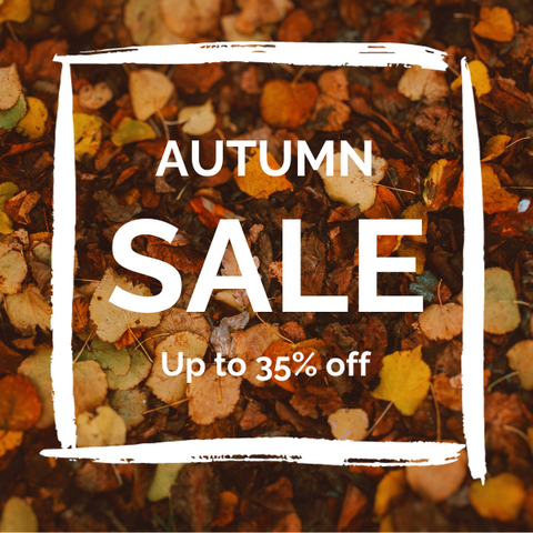 A picture of Autumn leaves in a variety of colours, sizes and shapes along with hand-drawn lines forming a square shape. Inside the square shape, the words "Autumn Sale - up to 35% off" in white text.