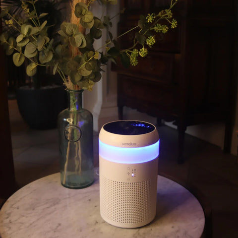 A photo of the Senelux Demi Air Purifier with a nice blue light in a dark but cosy environment