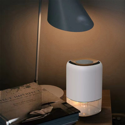 Lit by a solitary lamp on a bedside table, a Senelux Q4 dehumidifier - small, compact and resting on the bedside table under a soft lamplight