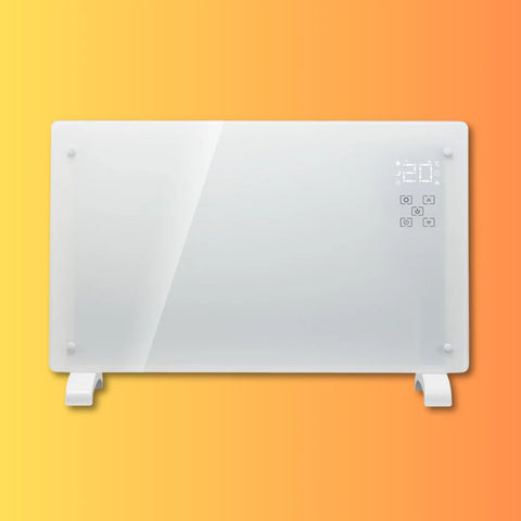 The Senelux Wifi Controlled Glass Panel Heater with a white, clean shine and an orange faded background