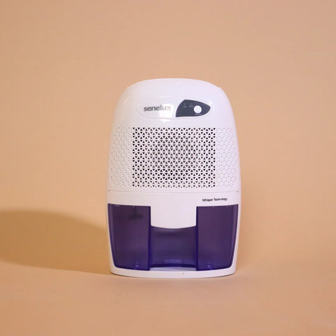 A photo of the Senelux XROW Mini Dehumidifier with a brown, solid background