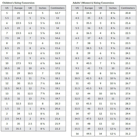 Capezio Size Chart