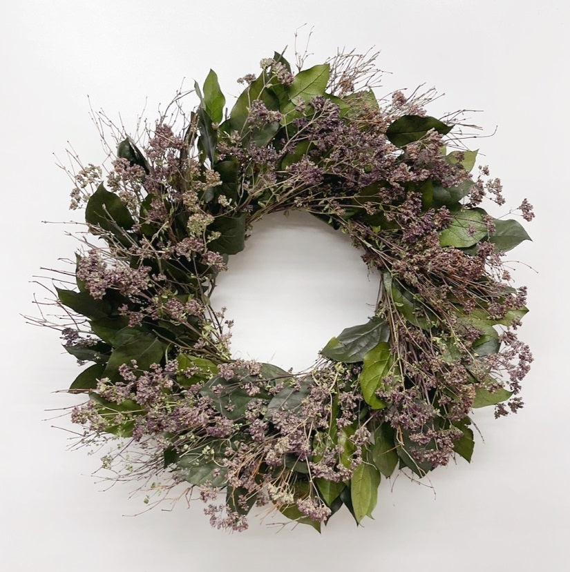 Handmade 22” Wreath Made with Natural Green Wheat, Globe Amaranth, Sinuata Statice & Pearly Everlasting