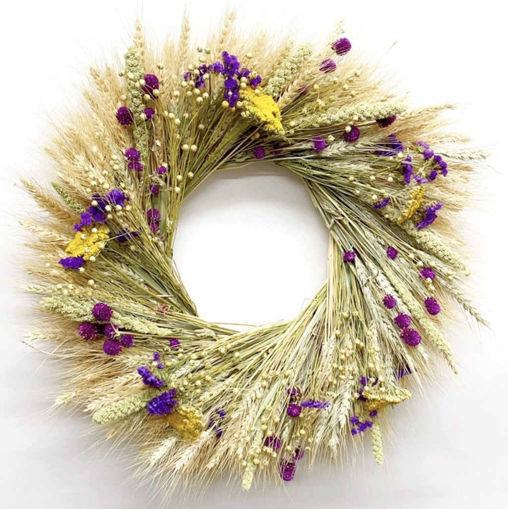 Handmade 22” Natural Indoor Wreath Made with Quail Brush Twigs, Feather Reed Saltese Grass, Millet, Echinops, Salvia & Pearly Everlasting