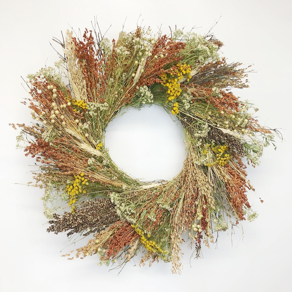Handmade 22” Natural Indoor Wreath Made with Quail Brush Twigs, Feather Reed Saltese Grass, Millet, Echinops, Salvia & Pearly Everlasting