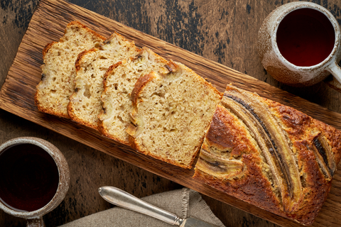 sliced banana bread with tea