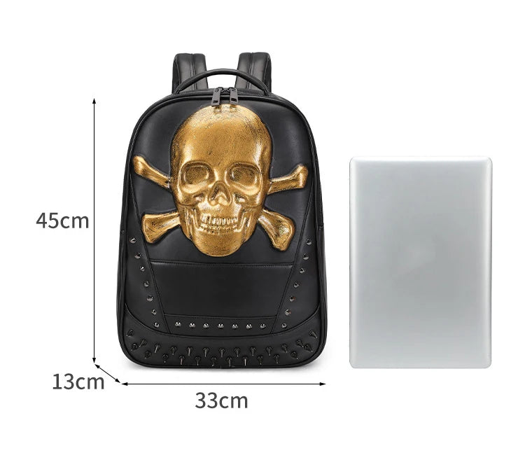 New Men Women 3D Skull Leather Travel Backpack School Bags for Teenager Boys Girls 15.6 Inch Laptop Backpacks Rivets Big PU Bag