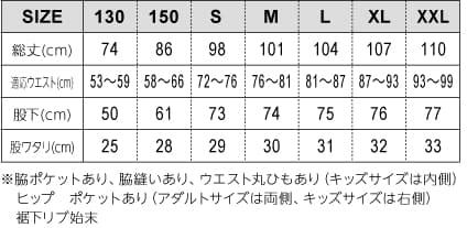 スウェットパンツのサイズ表