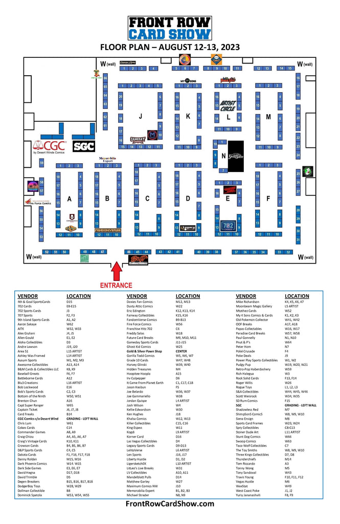 Front Row Card Show Vendor Map Floor Plan