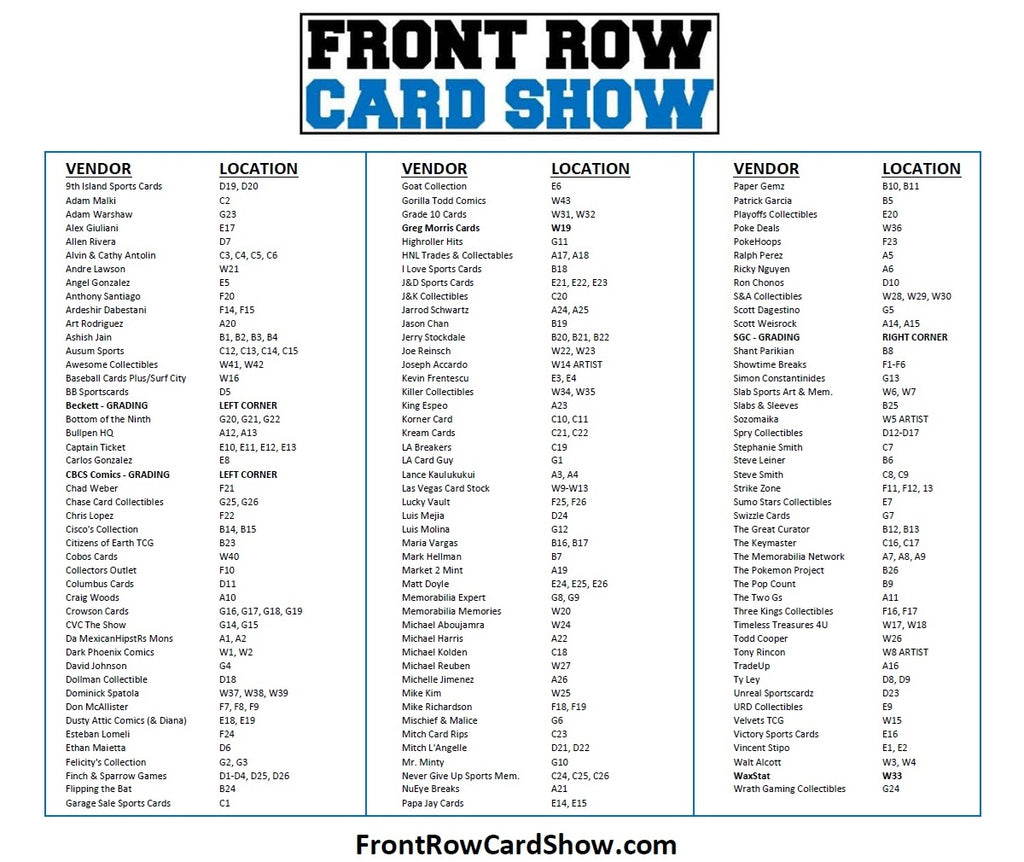 Front Row Card Show Pasadena Vendor List
