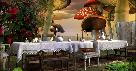 alice in wonderland table with teapot in the middle of mushroom forest