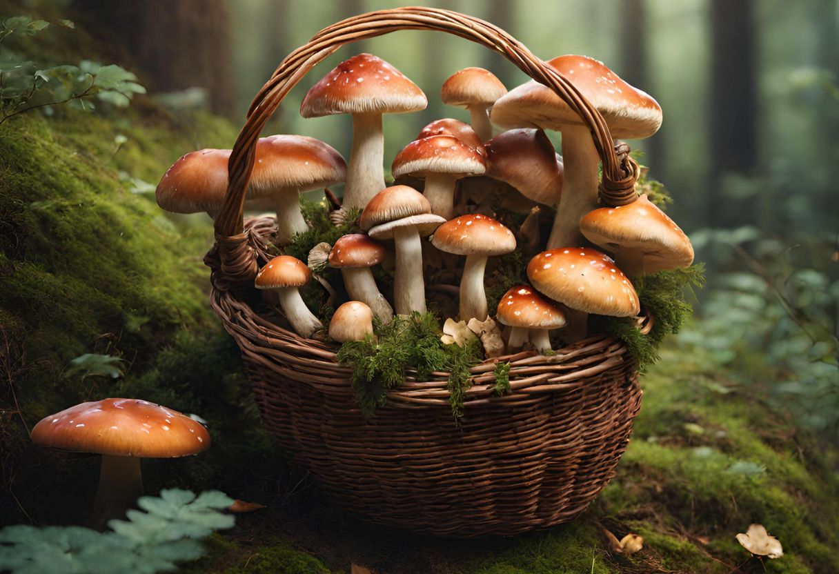 basket with mushrooms in an enchanting forest