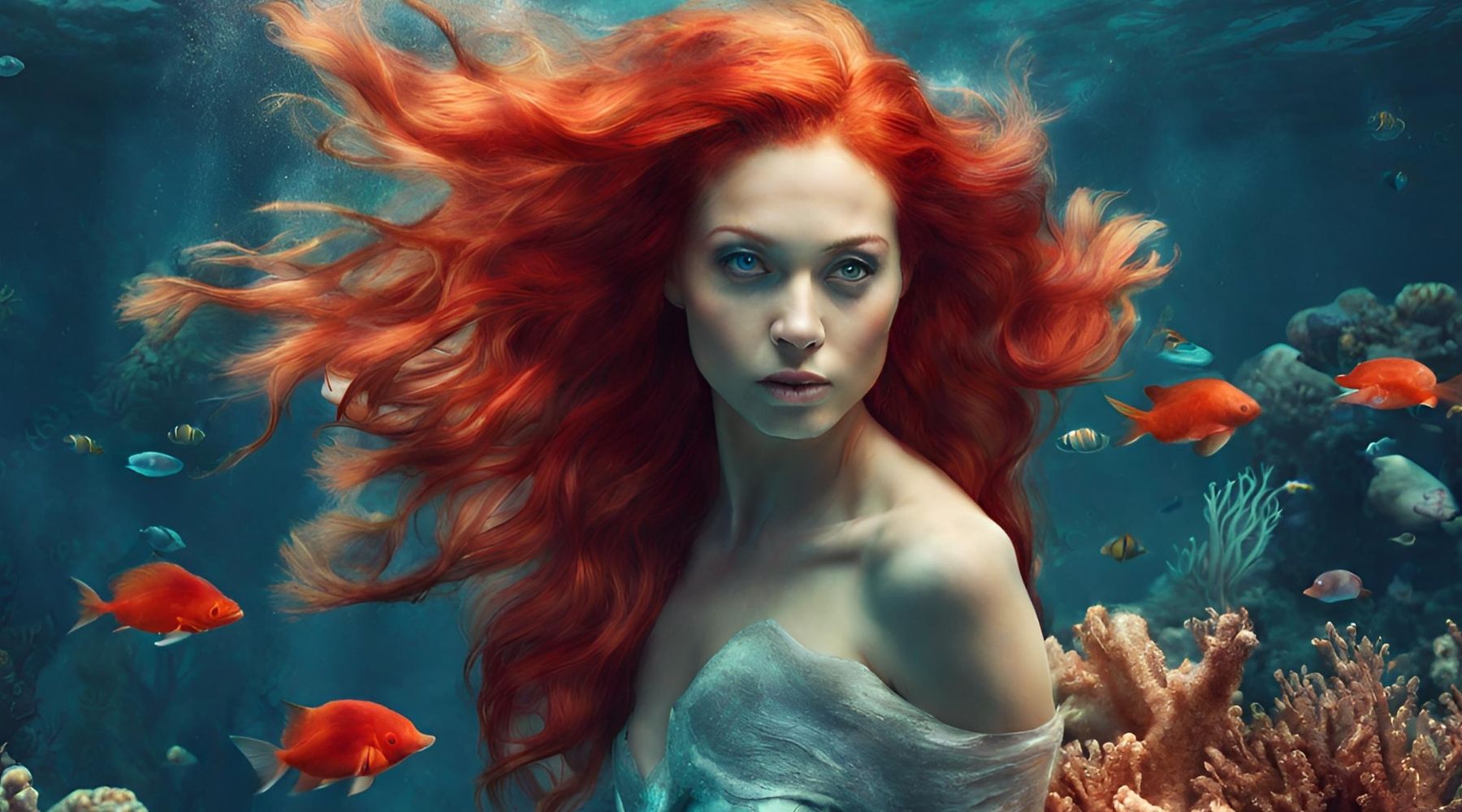 red headed mermaid under water