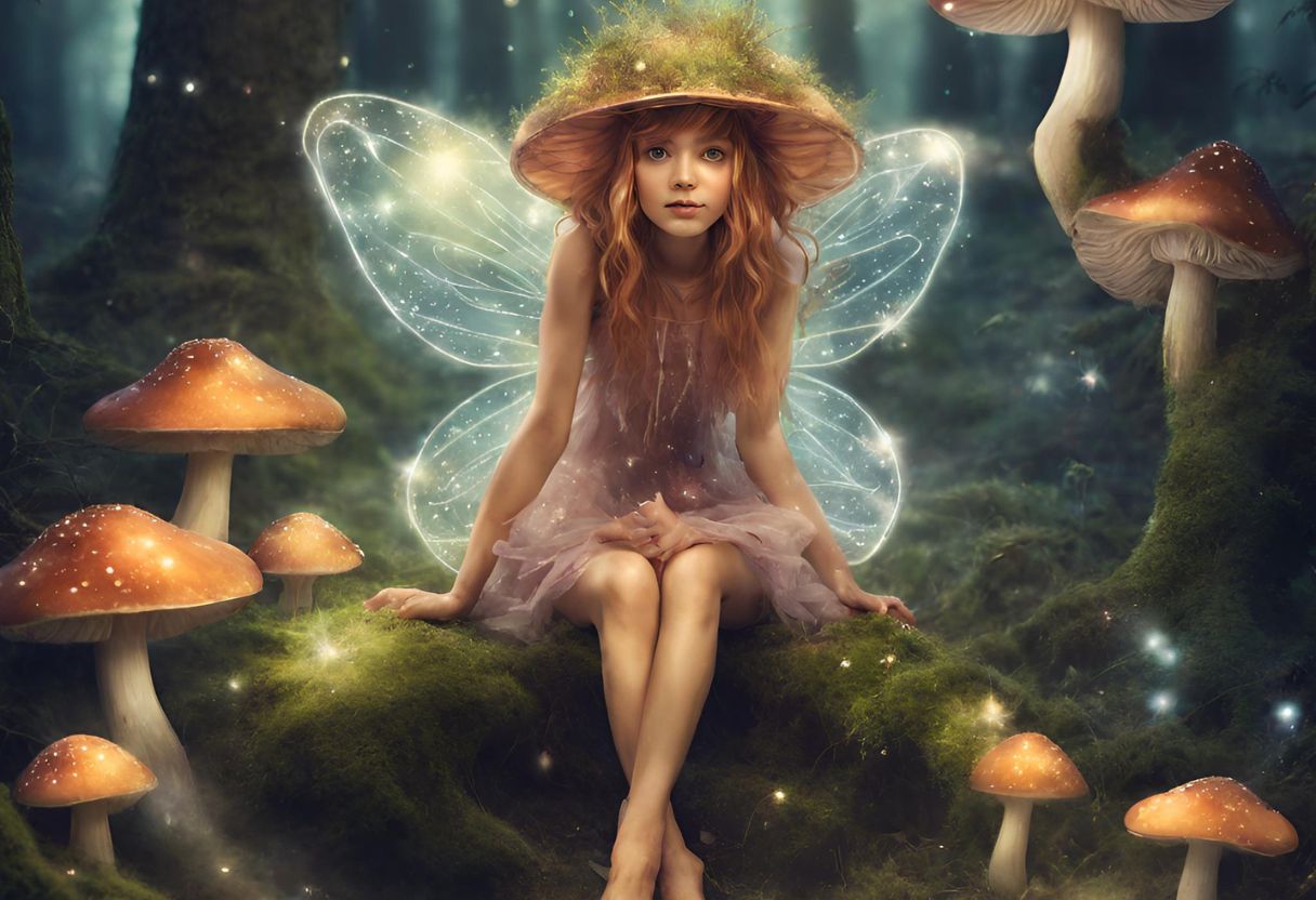 fairy with glowing wings sitting in an enchanting forest