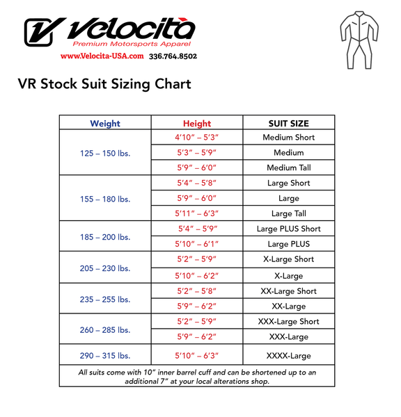 Velocita Racing Suit Size Chart