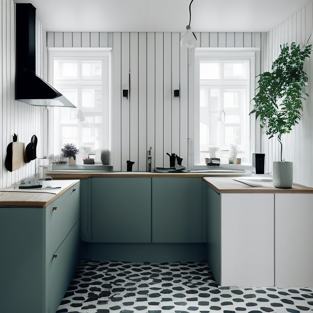 Industrial modern navy kitchen with brass accents