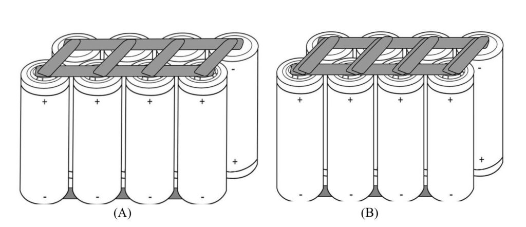 Figure 5 Nickel strip configuration as per the current carrying capacity, Fig. A for 20A current draw, Fig B for 40A current draw