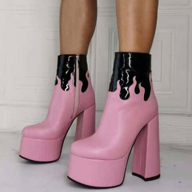 Pink Flame Chunky Heel Zipper Boots – Sansa Costa