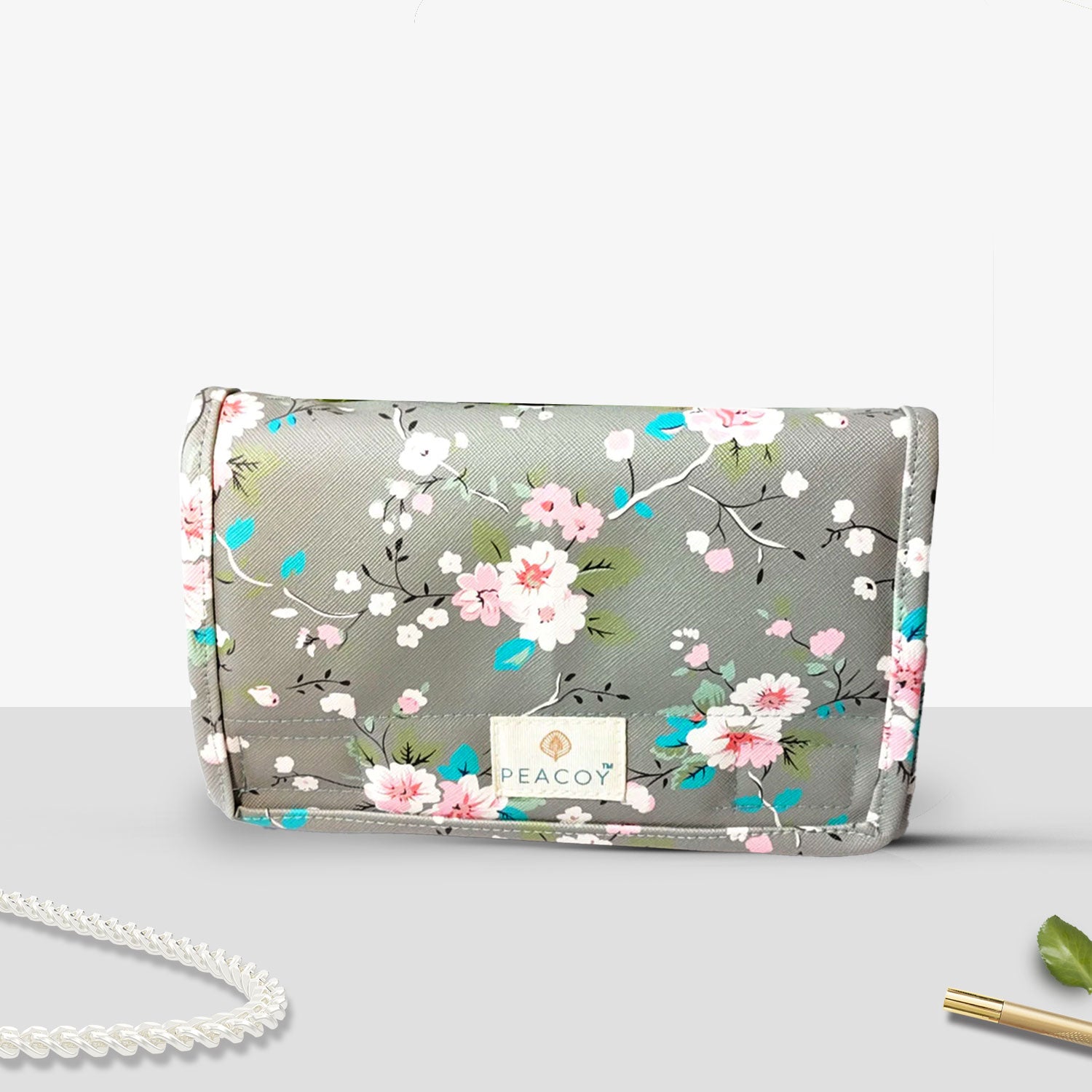 Travel Kits for Cosmetics and Essentials |  Toiletry Bag | Grey Brown Flower Design pouch