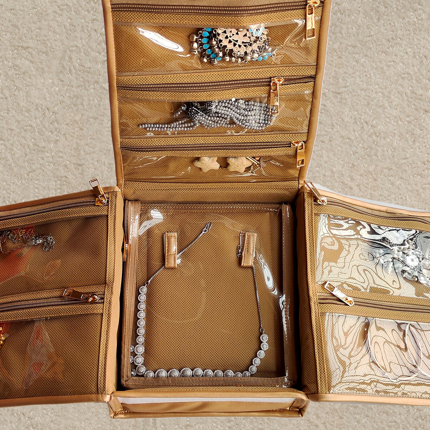 Golden Travel Jewellery Organiser, Jewelry Storage Bags for women for  Earrings, Rings, Bracelet With 2 Transparent Pouch