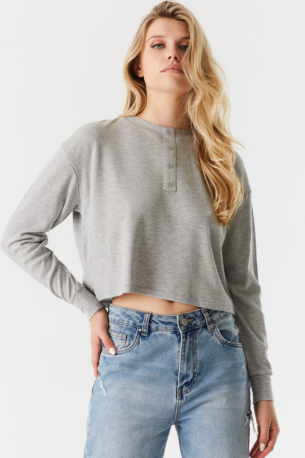 Thermal Henley Boxy Cropped Long Sleeve Top Heather Grey