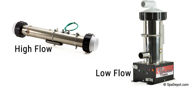 two inch high flow stainless steel heater next to one inch low flow heater