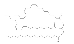 Kemisk struktur af triacylglycerid med tre forskellige fedtsyrer på de tre pladser på glycerol-enheden. 