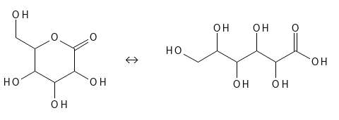 Den kemiske struktur af Gluconolactone som er i balance med syreformen, Gluconic Acid. 
