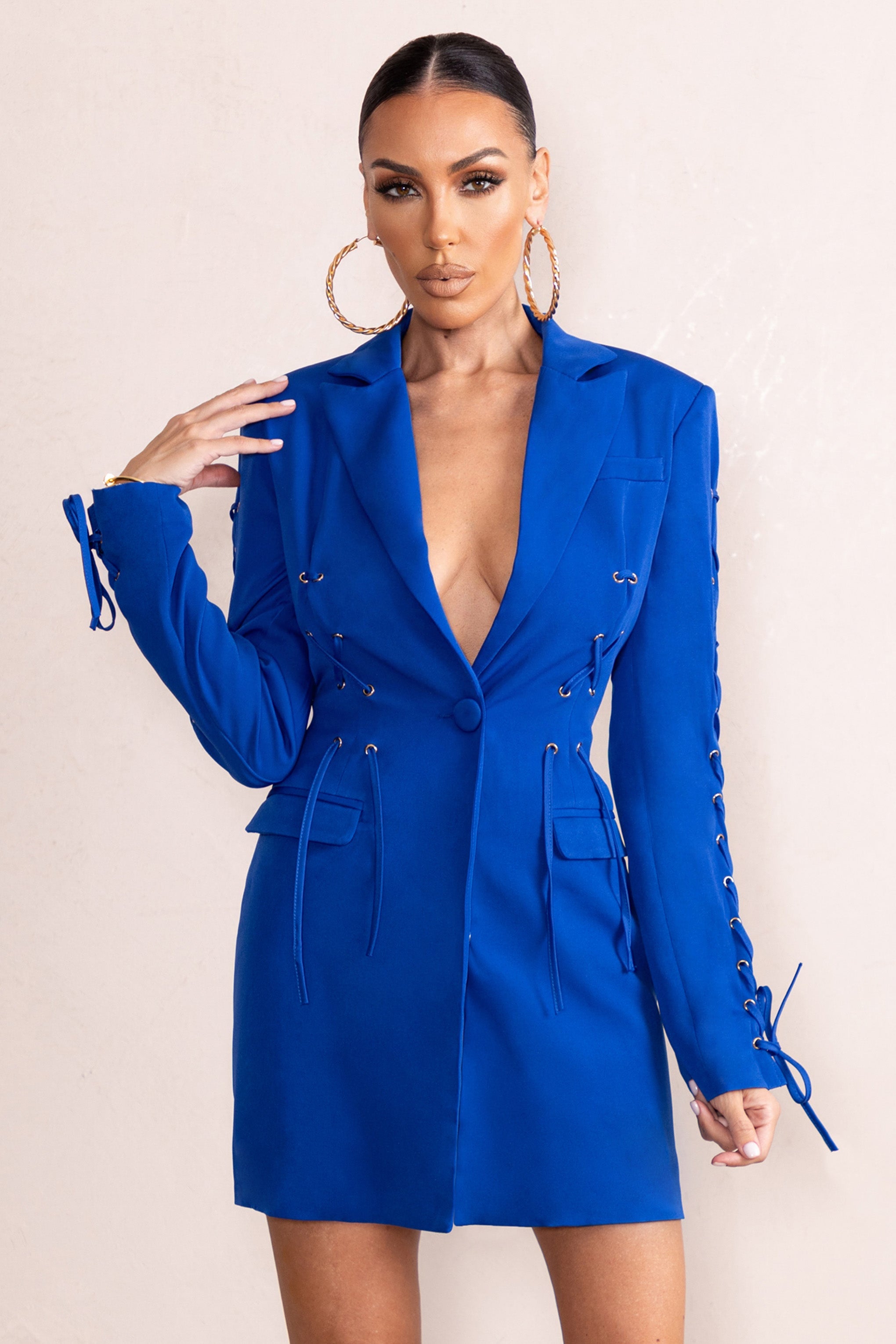 Material Girl | Electric Blue Tie Up Details Blazer Mini Dress
