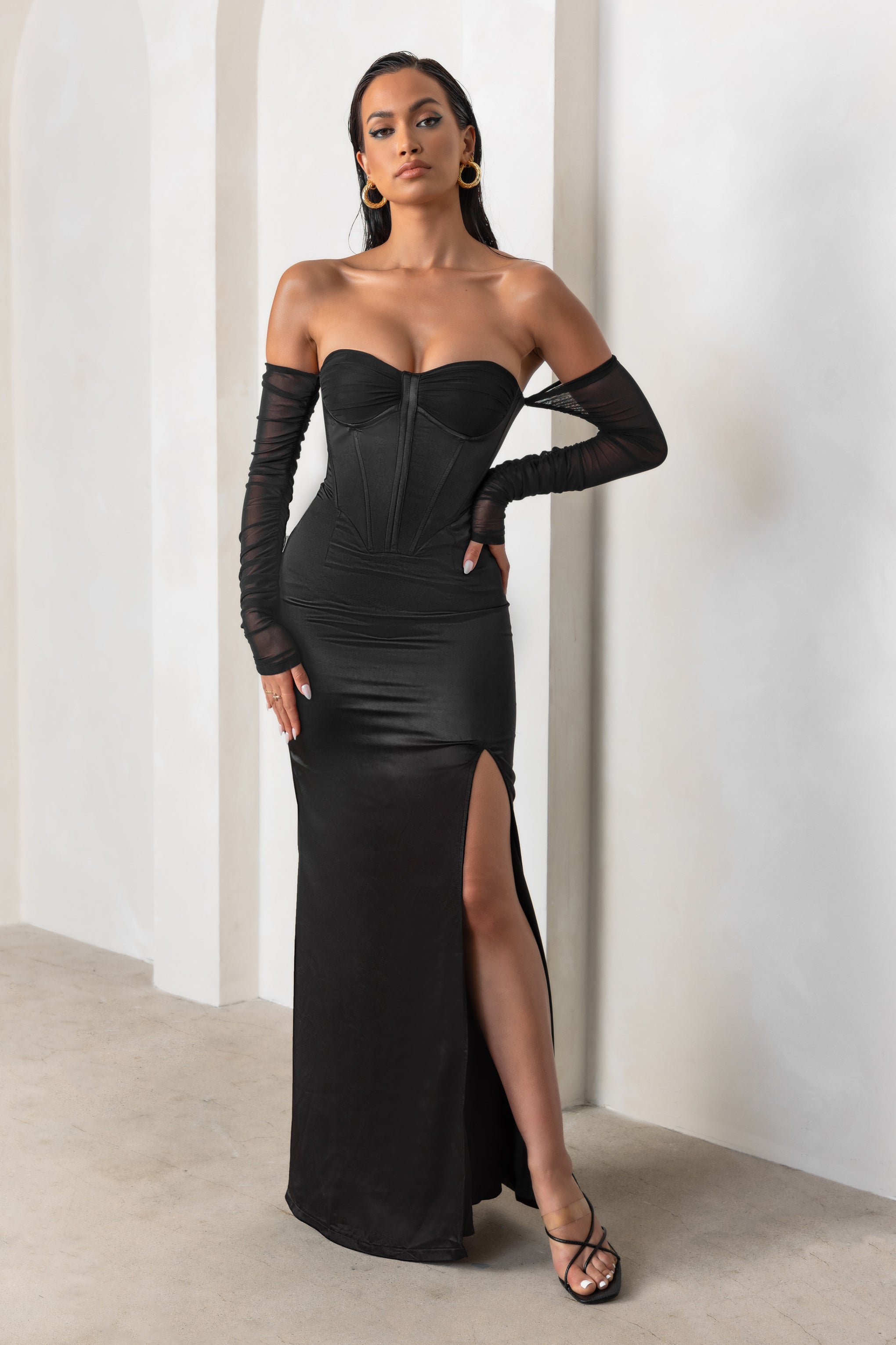 My Prize | Black Satin Bardot Mesh Long Sleeve Maxi Dress With Thigh Split