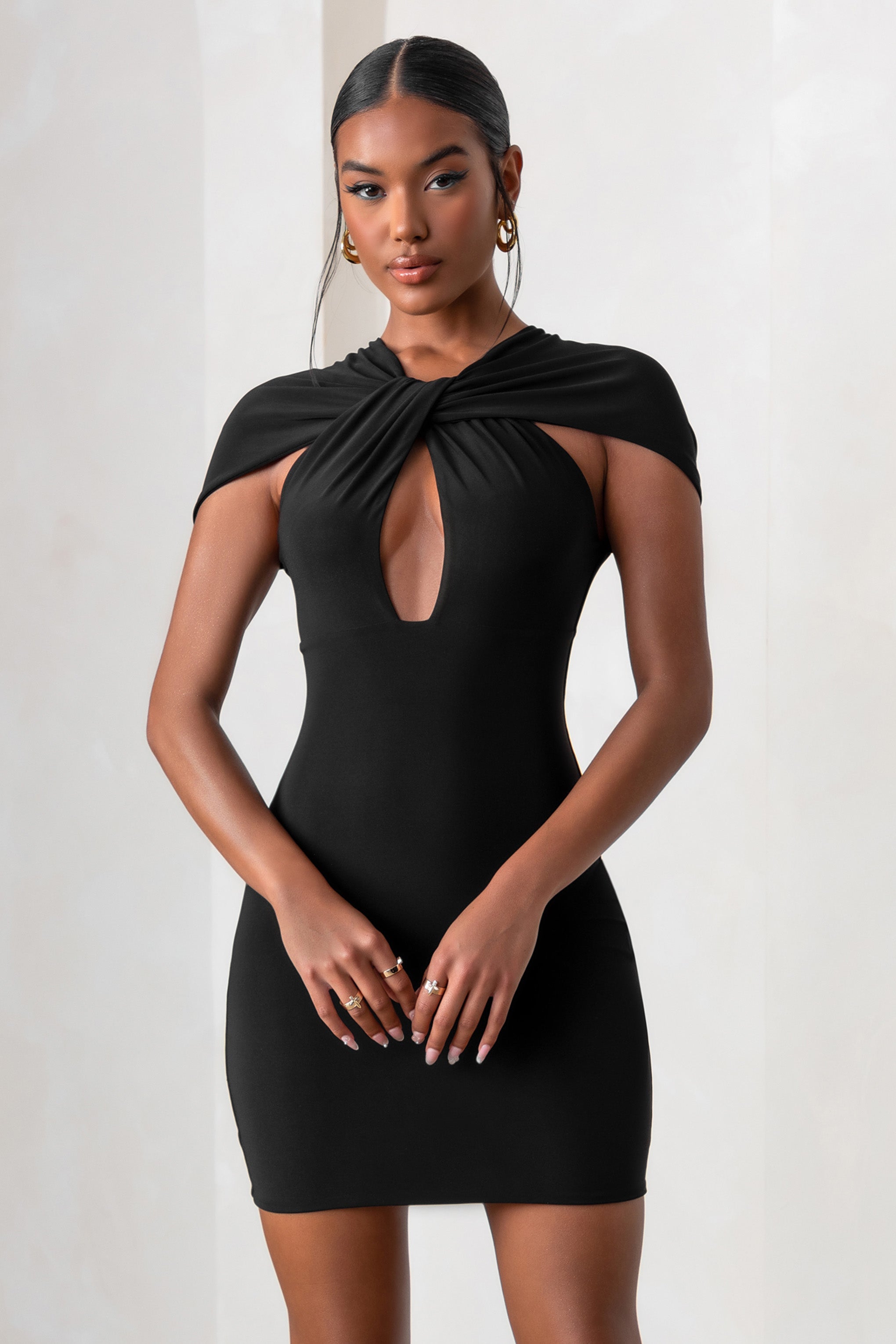 Fashionista | Black Twist Front Mini Dress With Cut Out Detail