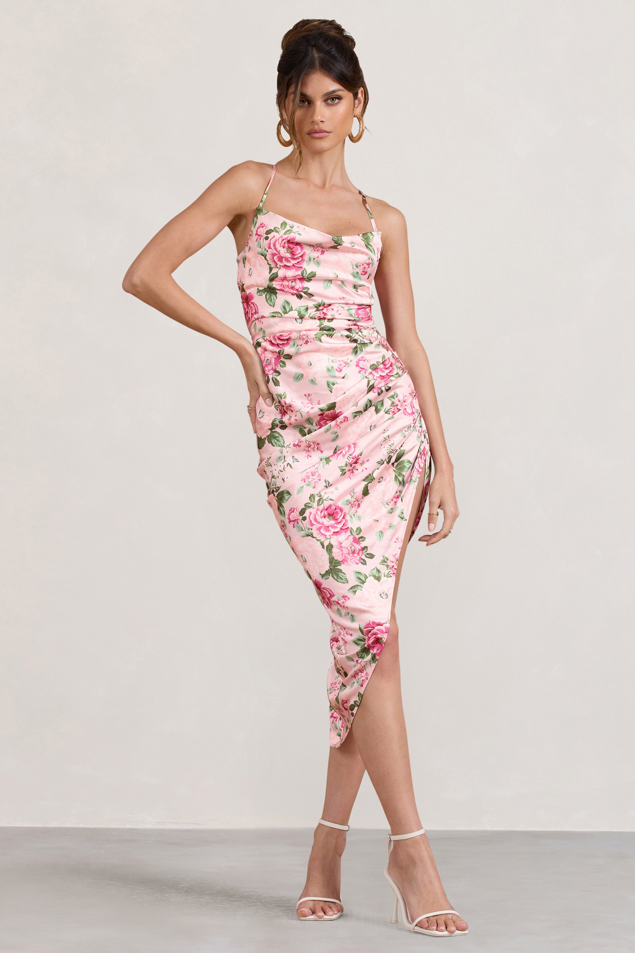 Risk It All | Blush Pink Floral Print Satin Cowl Asymmetric Midi Dress
