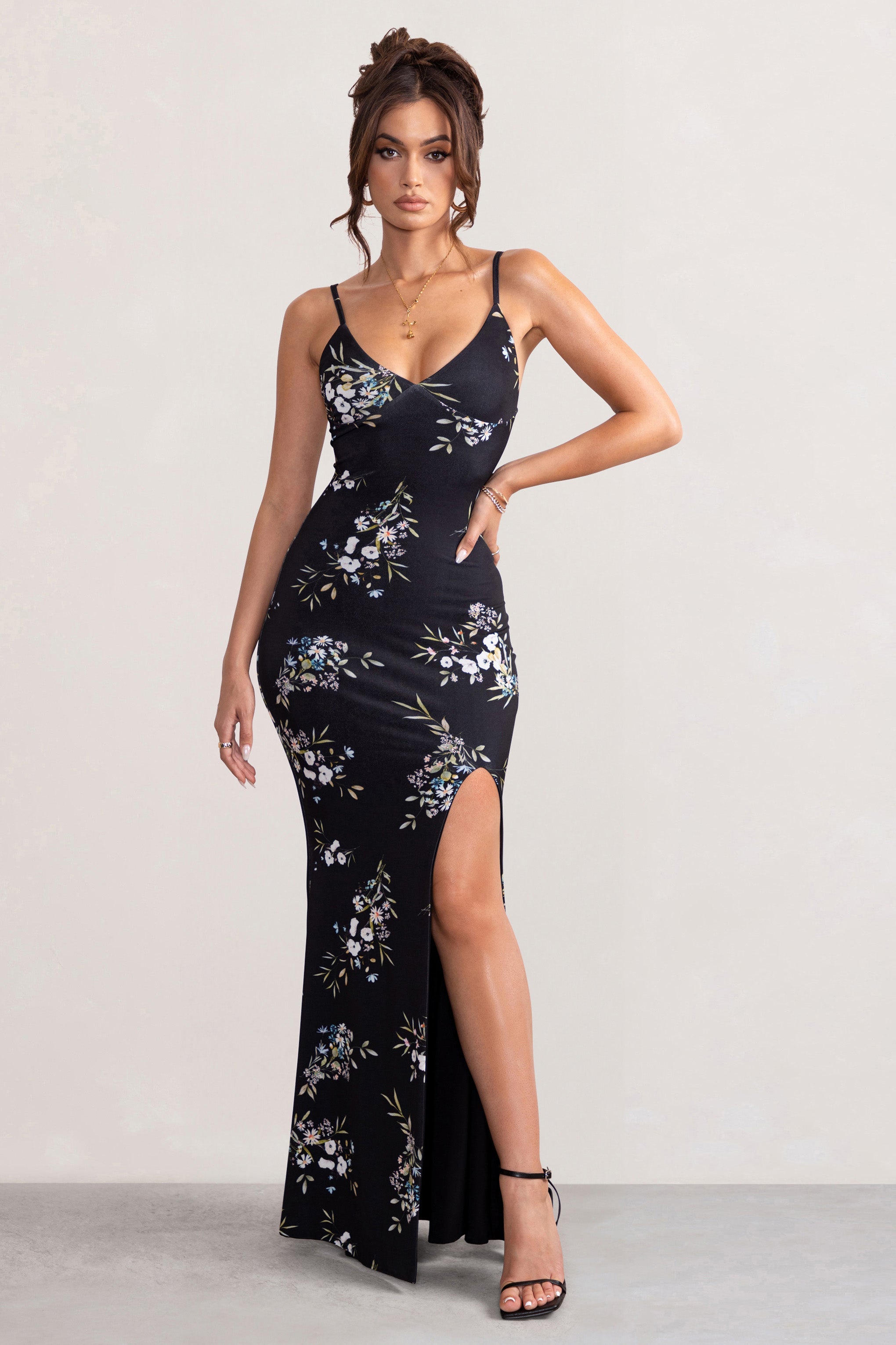 Farah | Black Floral Print Plunge Neck Maxi Dress With Split Detail