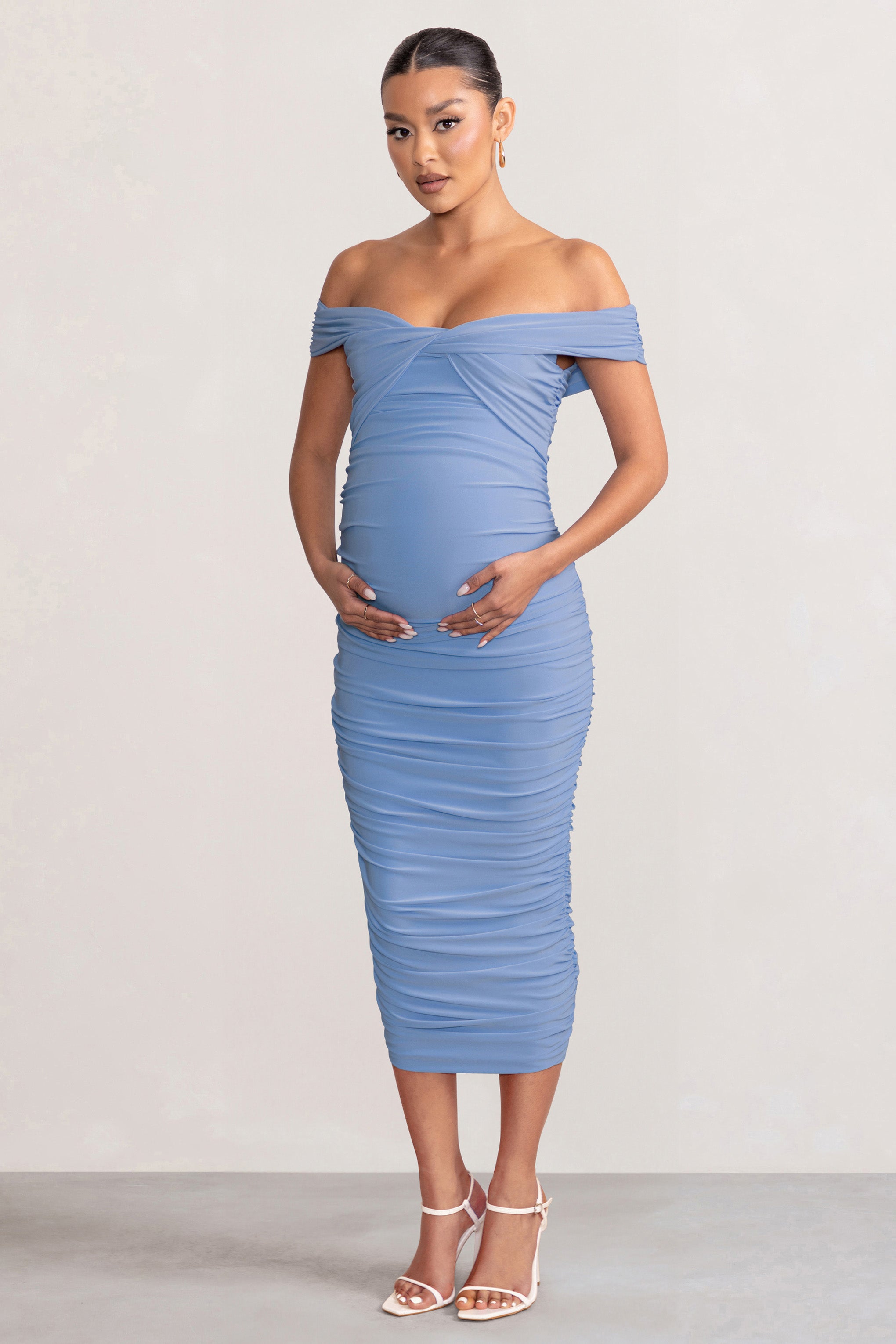 Perfection | Powder Blue Maternity Bardot Knot Ruched Midi Dress