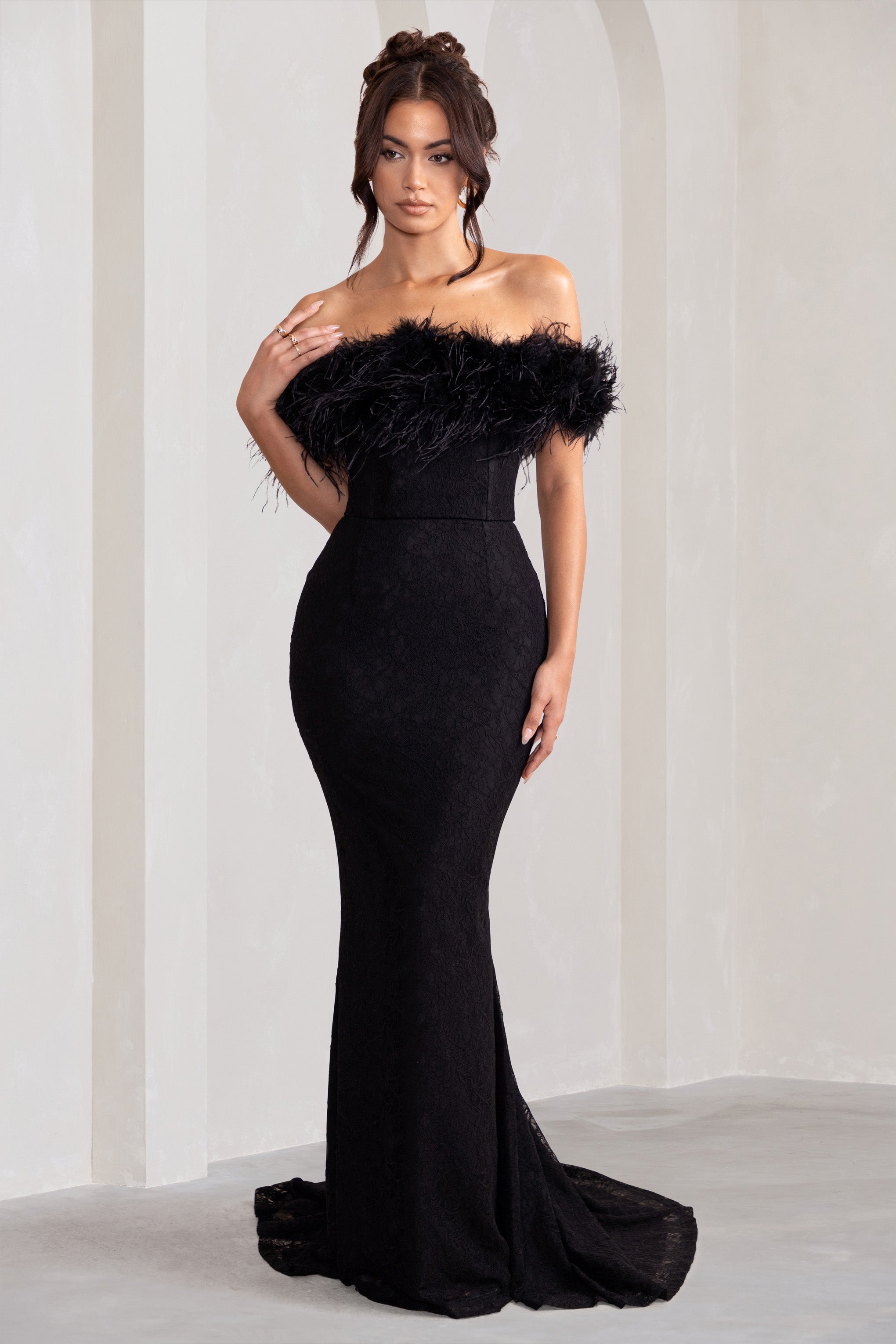 Idyll | Black Lace Bardot Feather Fishtail Maxi Dress