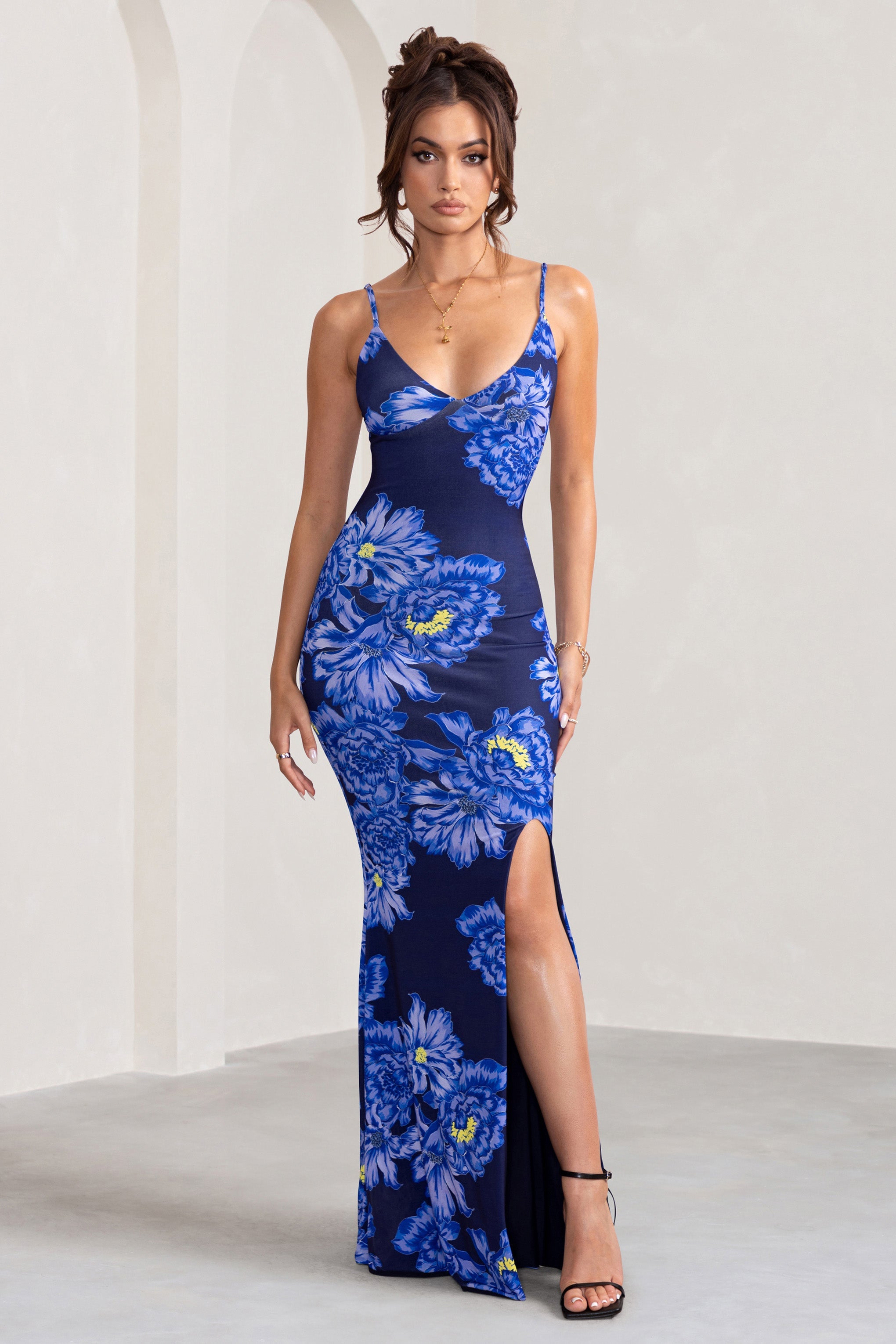 Farah | Blue Floral Print Plunge Neck Maxi Dress With Split Detail