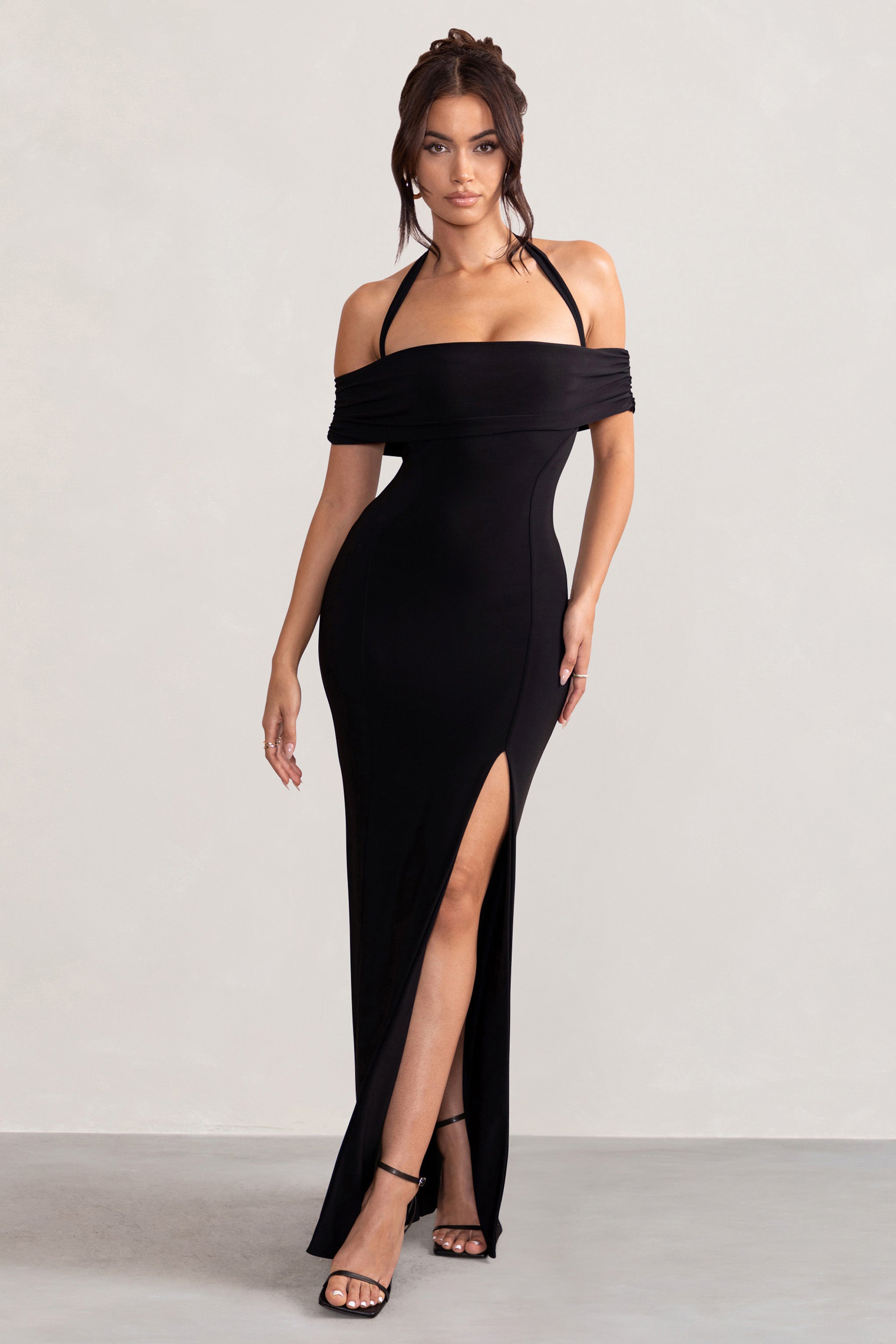 Anisa | Black Halter Neck Bardot Maxi Dress With Thigh Split