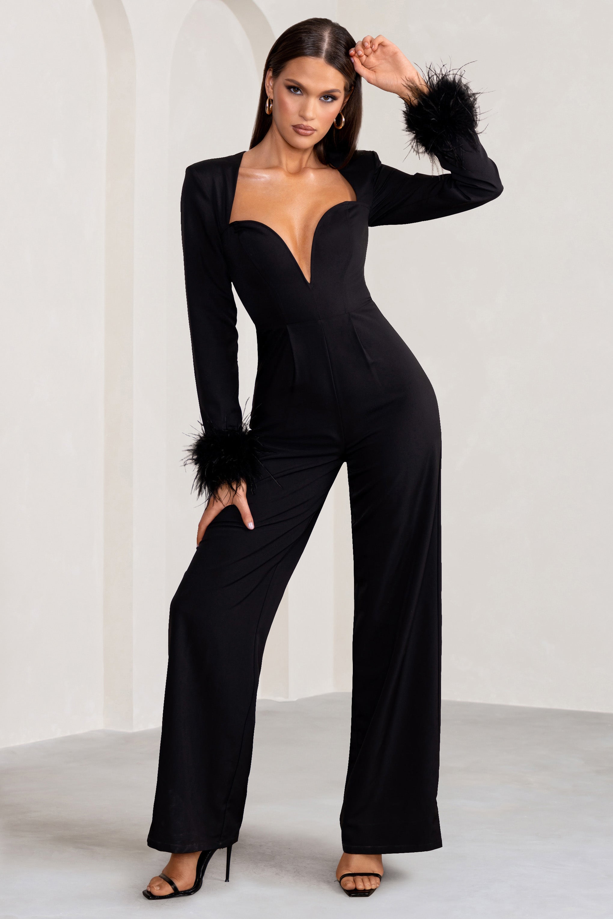 Portia | Black Sweetheart Plunge Wide Leg Jumpsuit with Feather Cuffs