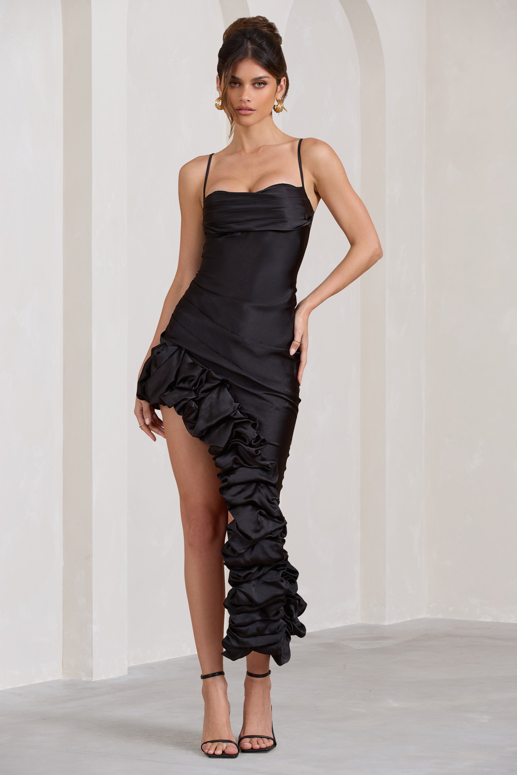 Florence | Black Satin Asymmetric Ruffle Cowl Midi Dress