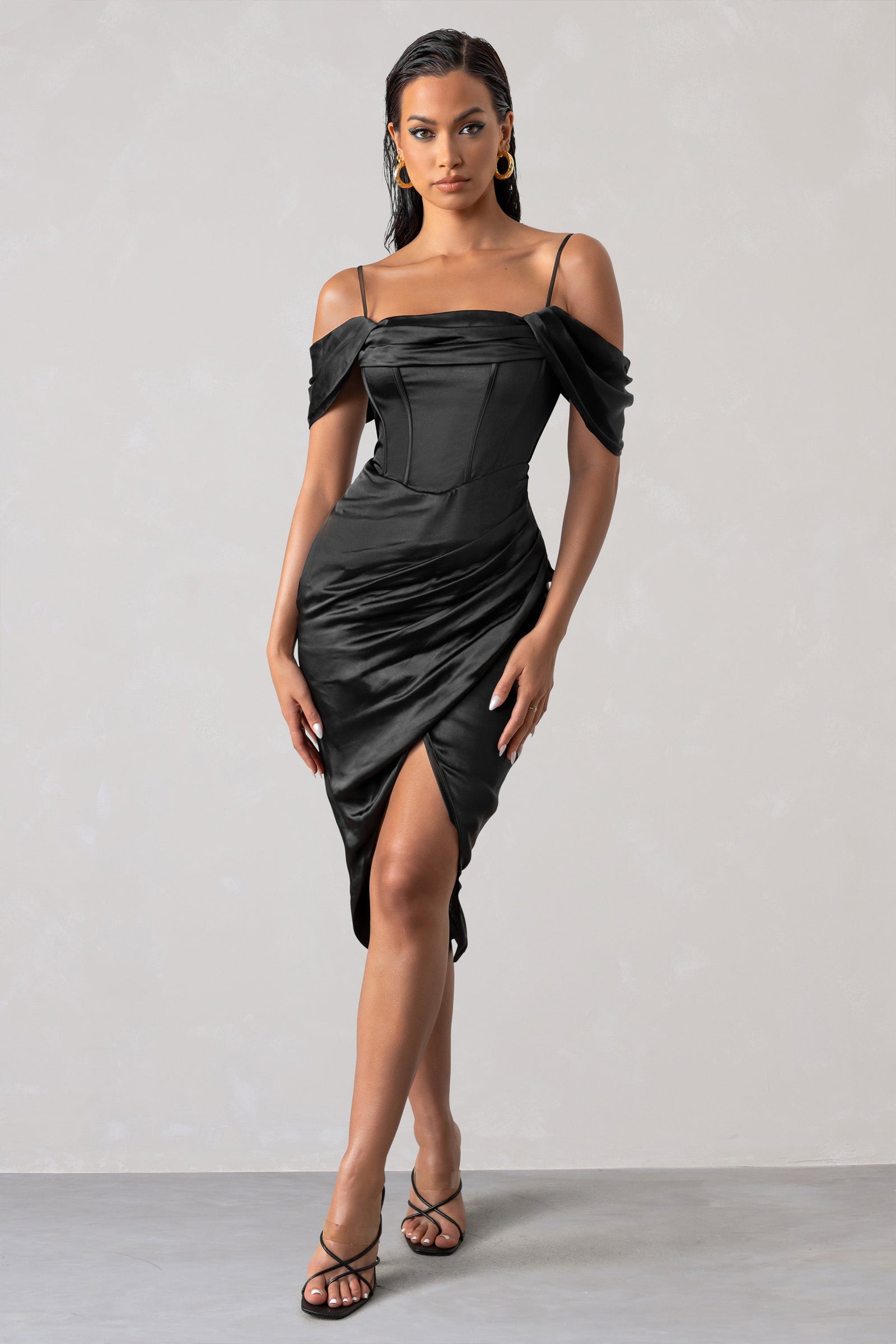 Black Satin Corset Draped Skirt Bodycon Dress