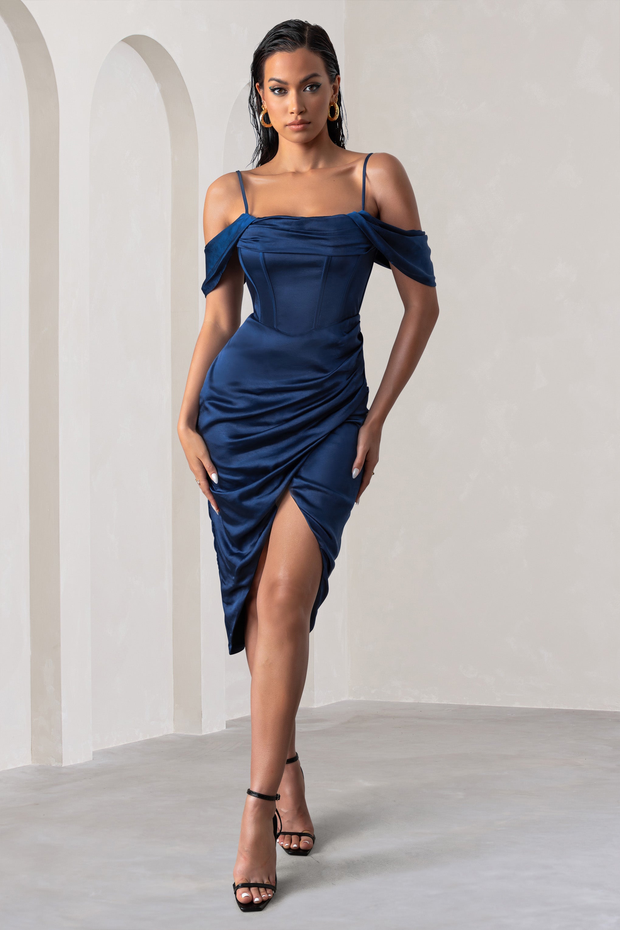 Deserving | Navy Satin Bardot Sleeve Corset Wrap Midi Dress