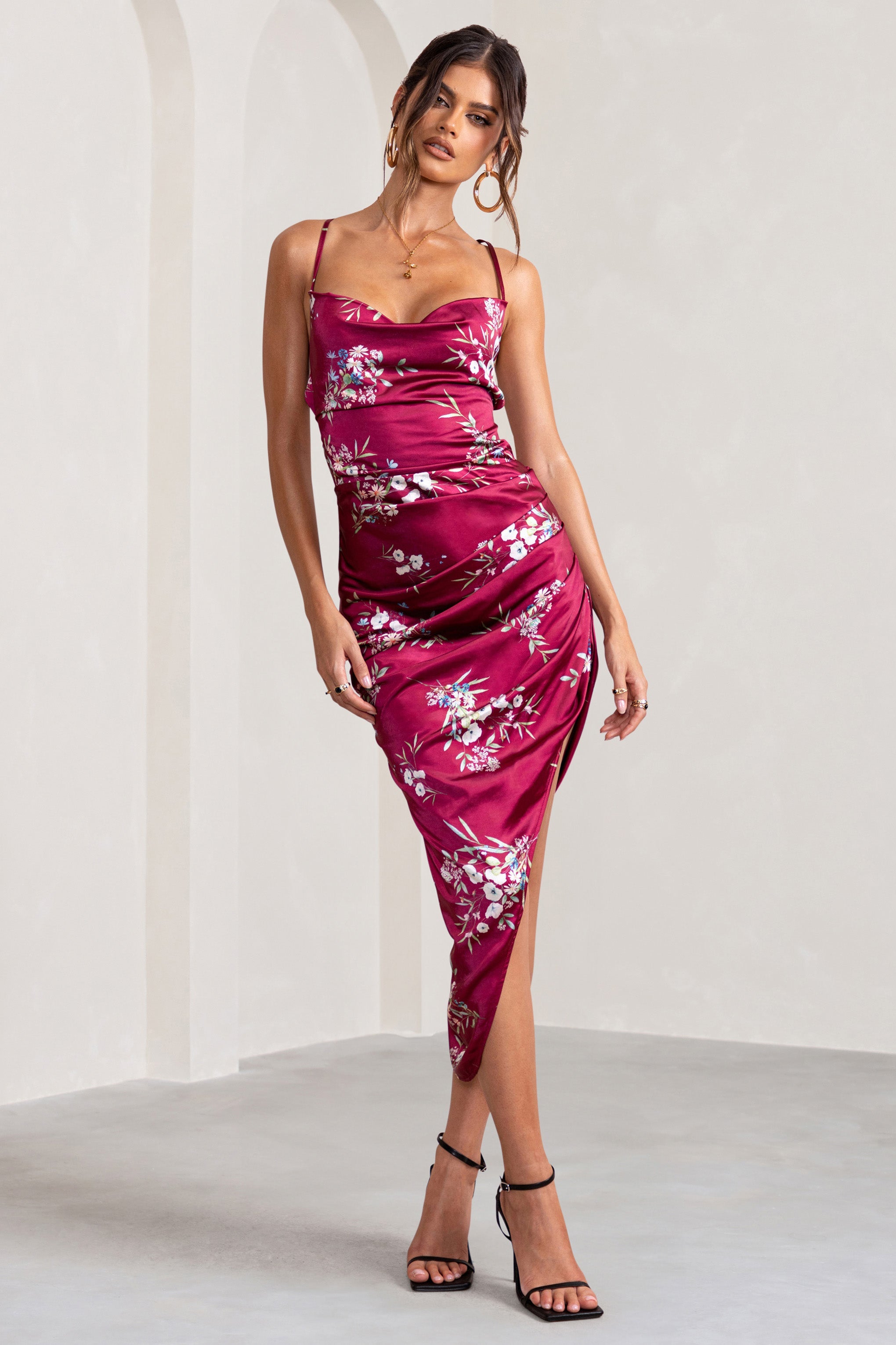 Risk It All | Berry Floral Print Cami Cowl Neck Satin Asymmetric Hem Midi Dress
